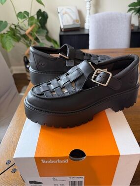 Timberland Stone Street: Black Leather Buckle Platform Fisherman Loafers